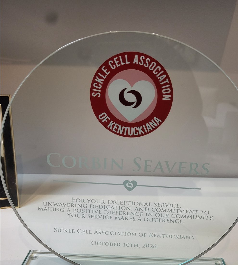 Glass plaque from the Sickle Cell Association of Kentuckiana awarded to Corbin Seavers, October 10, 2026