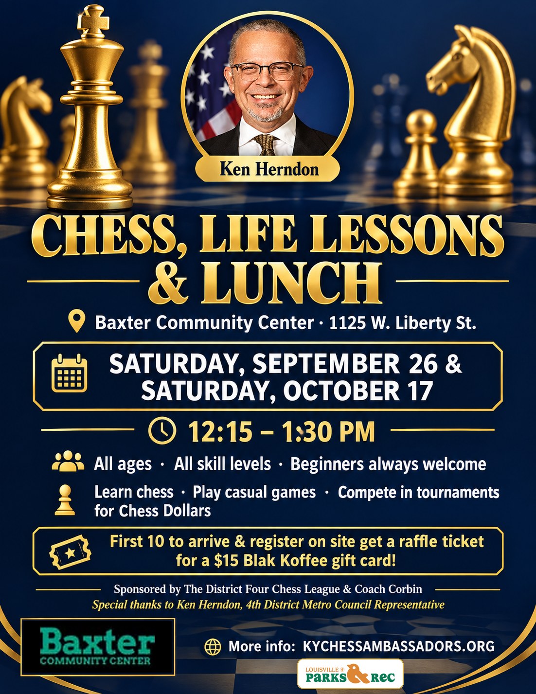 Chess, Life Lessons & Lunch flyer &mdash; Saturday chess program at Baxter Community Center, 1125 W. Liberty St., with special thanks to Councilman Ken Herndon
