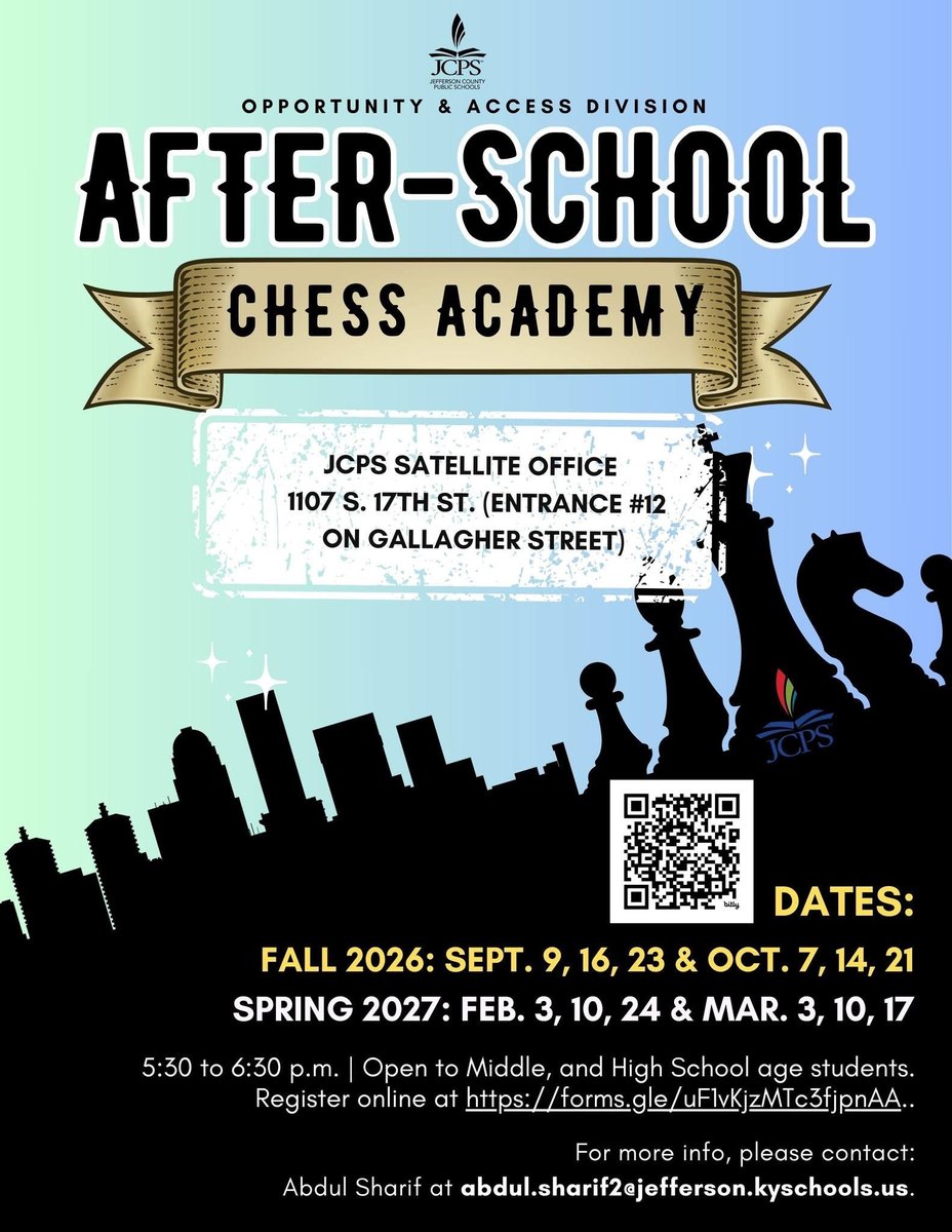 JCPS Opportunity & Access Division After-School Chess Academy flyer