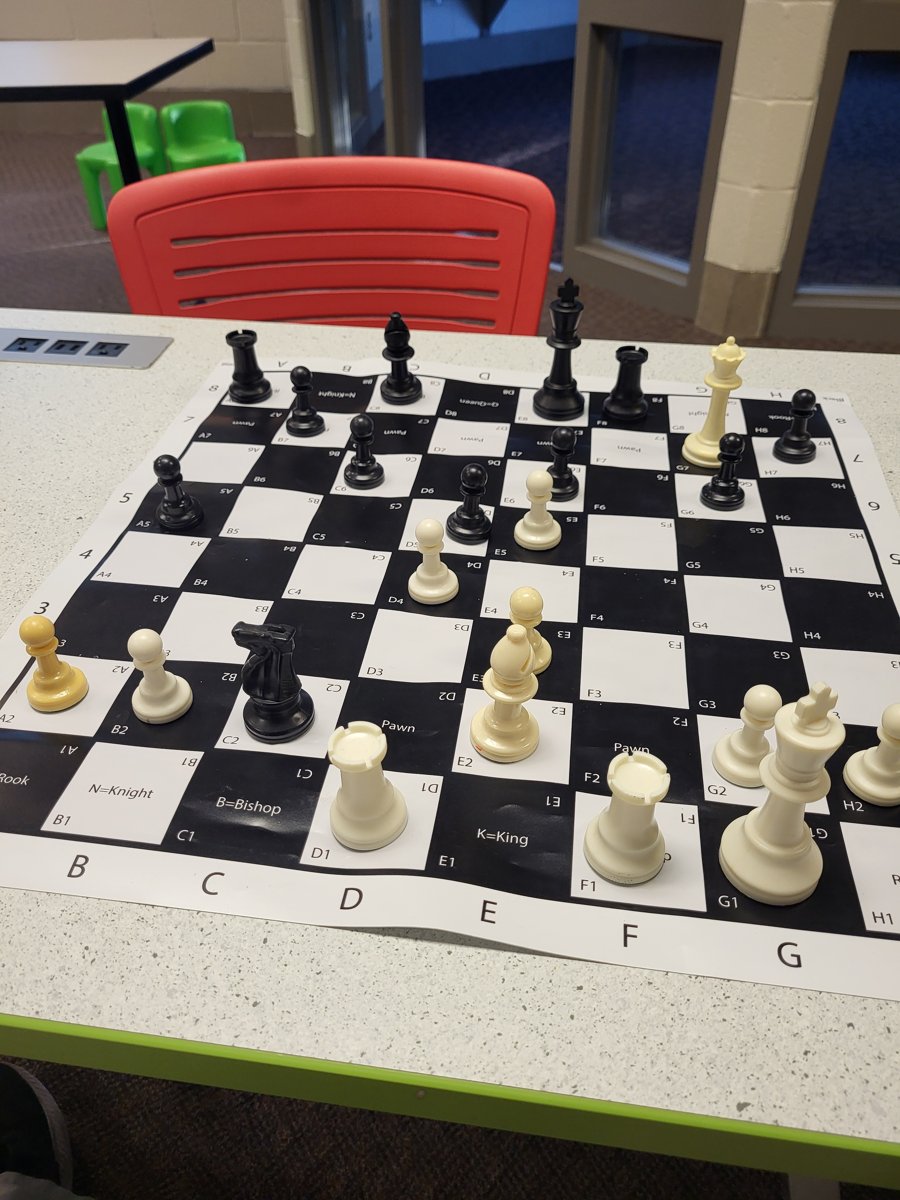 Chess position on a classroom board, Black to move